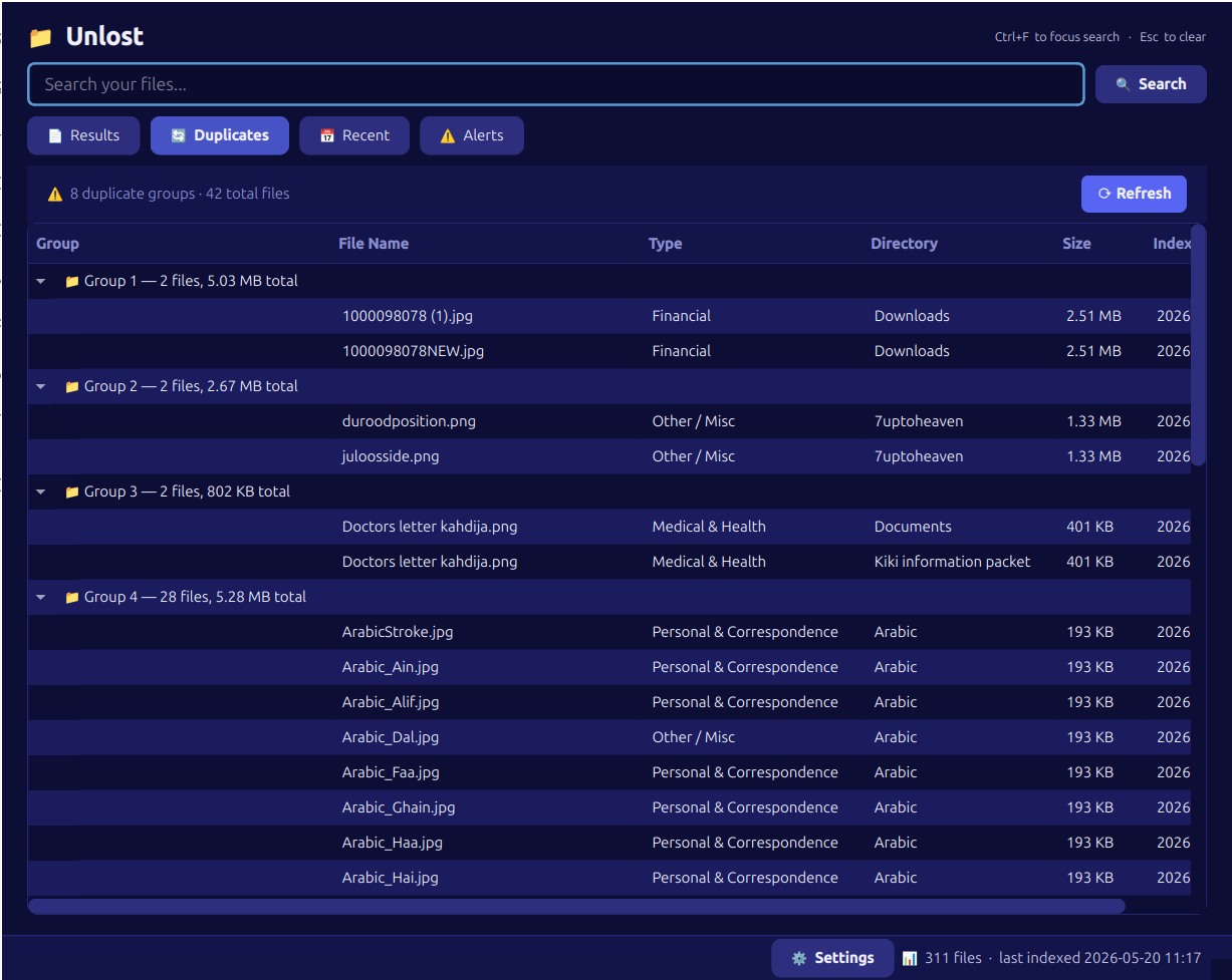 Duplicates panel showing groups of identical files