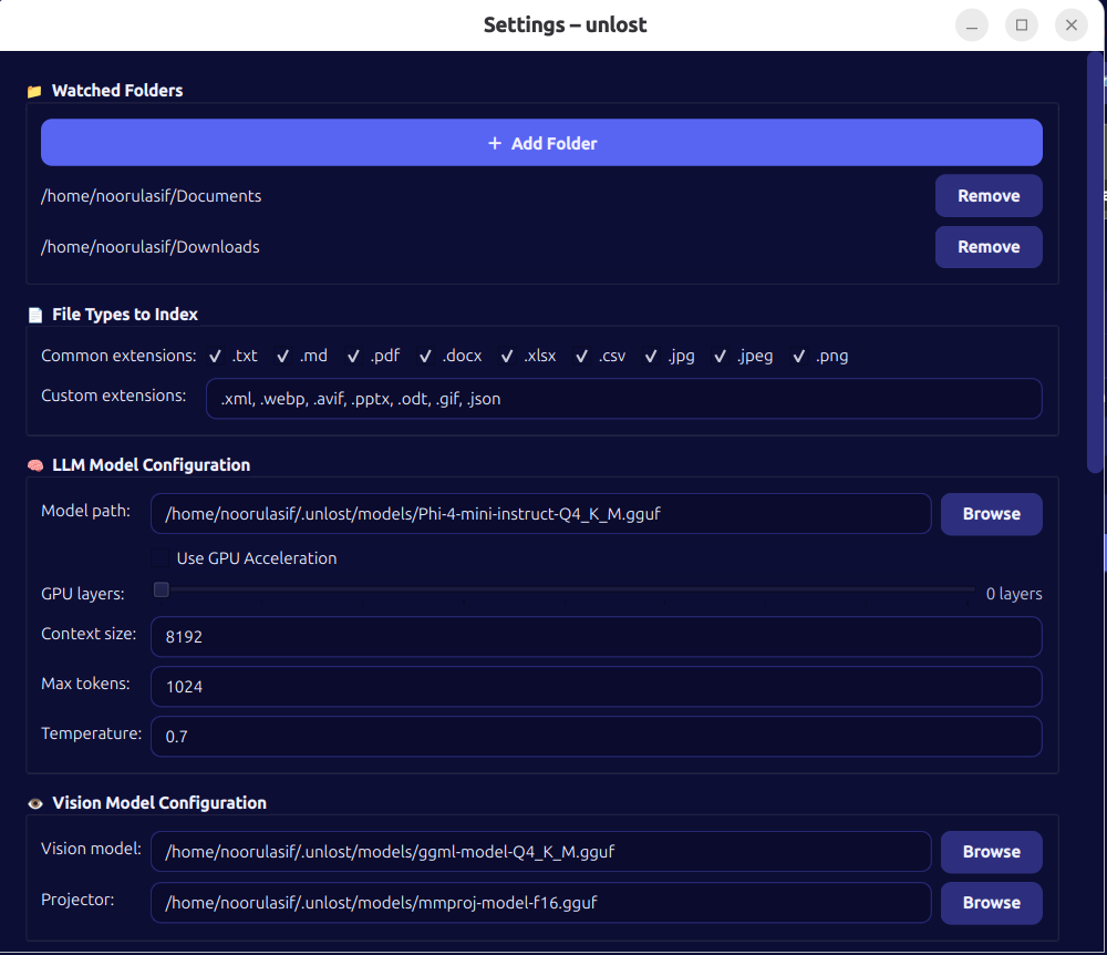 Settings dialog